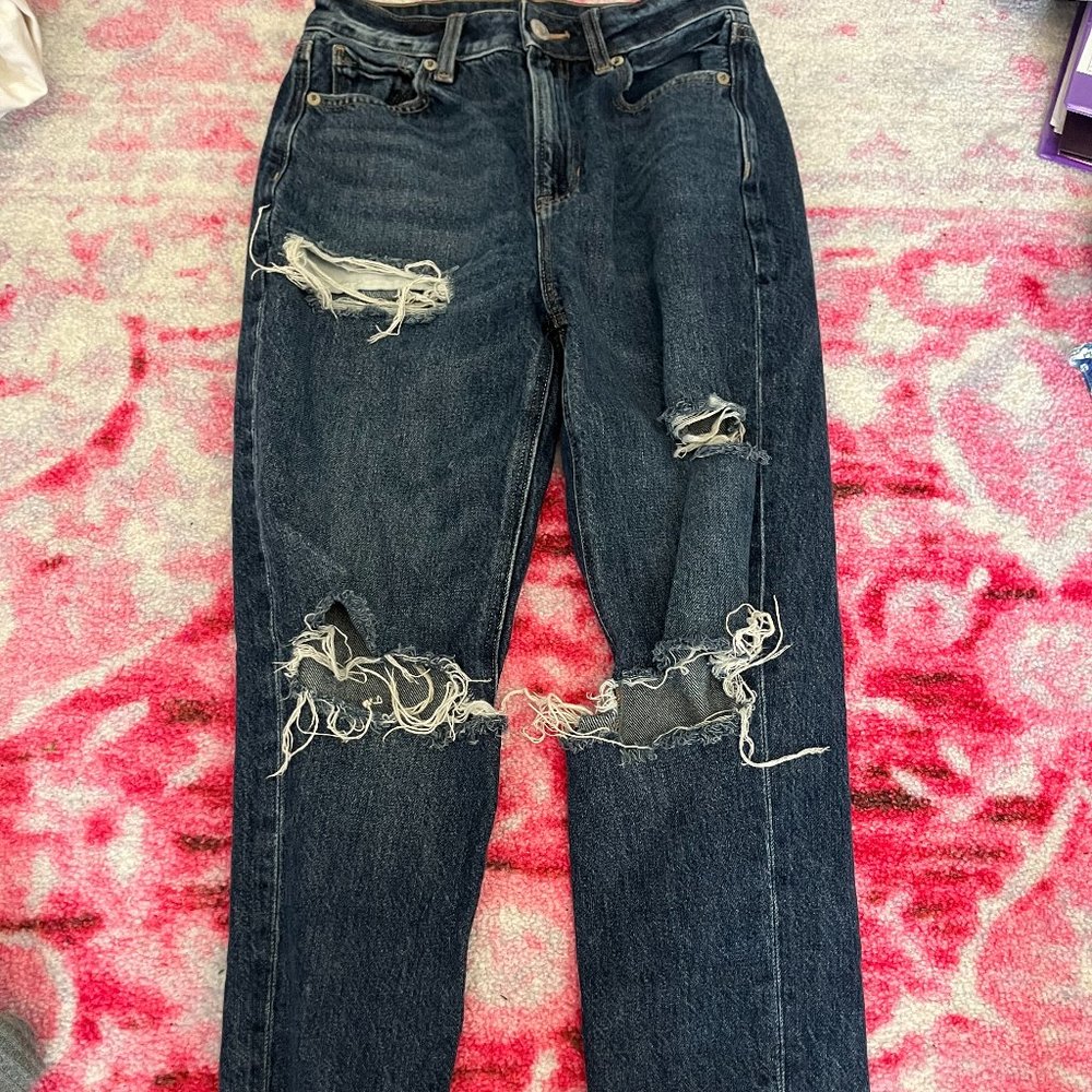 dark-wash high rise ripped mom jeans